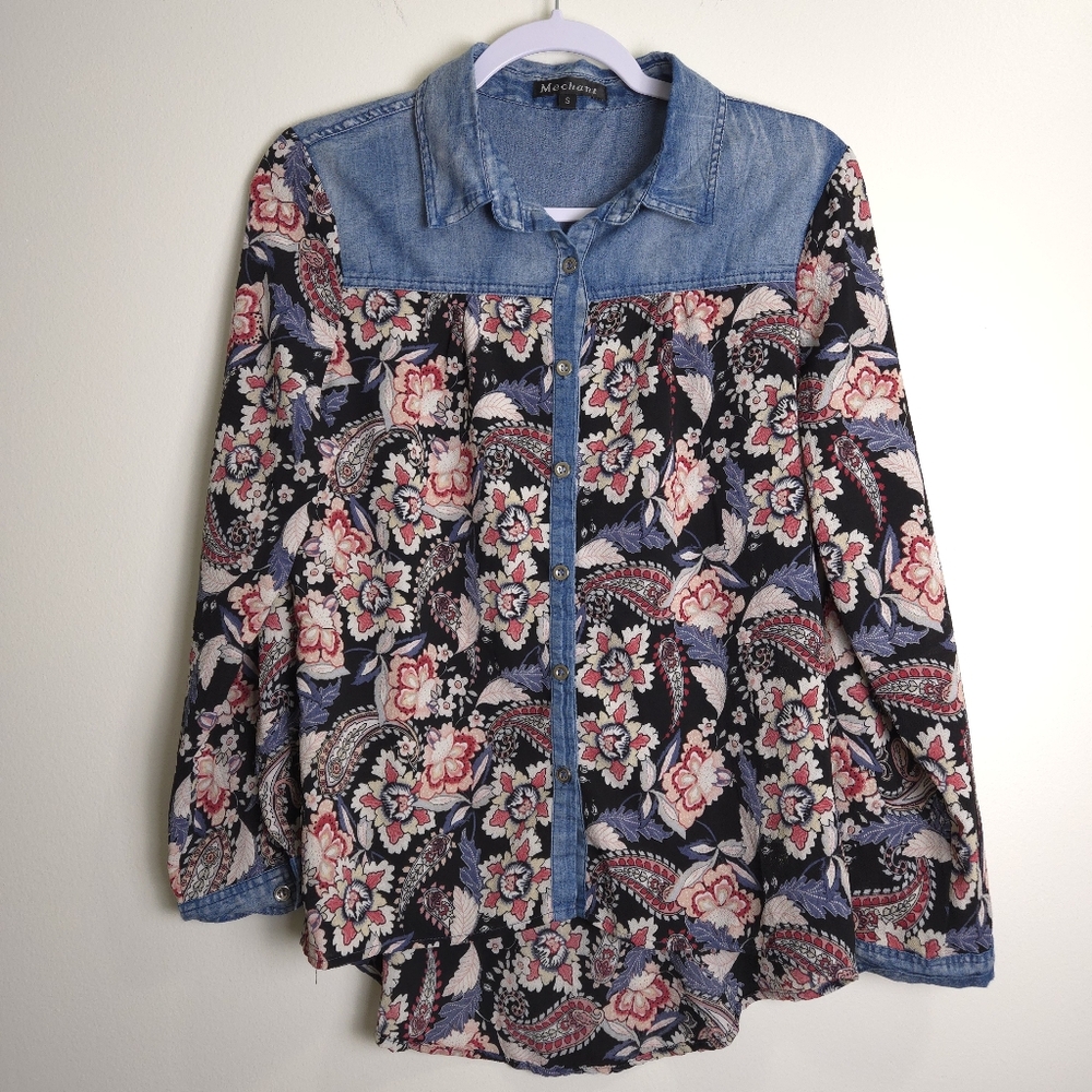 Boho Floral Western Denim Mixed-Media Shirts S